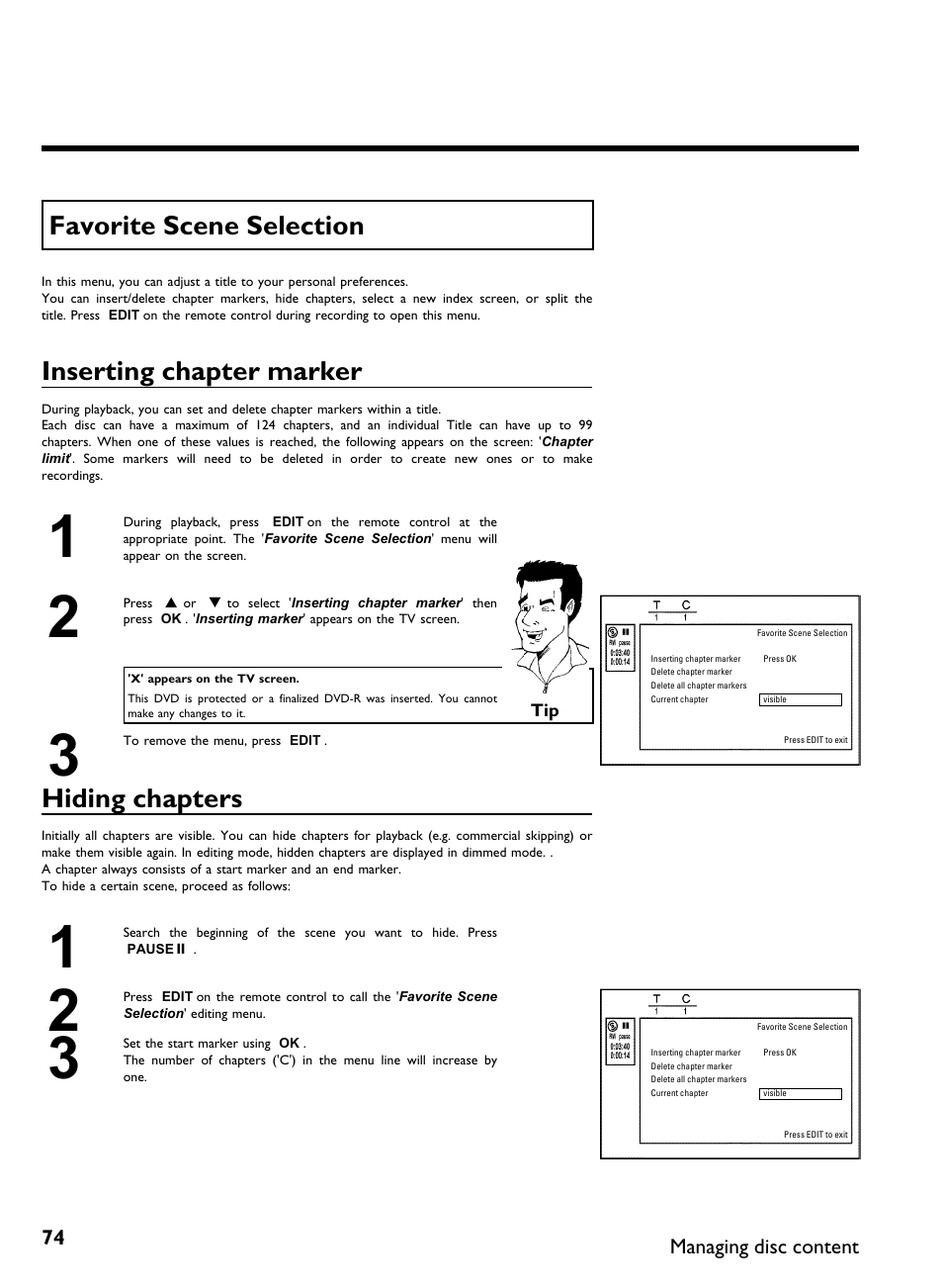 Favorite scene selection, Inserting chapter marker, Hiding chapters | Philips DVDR3370H User Manual | Page 86 / 122