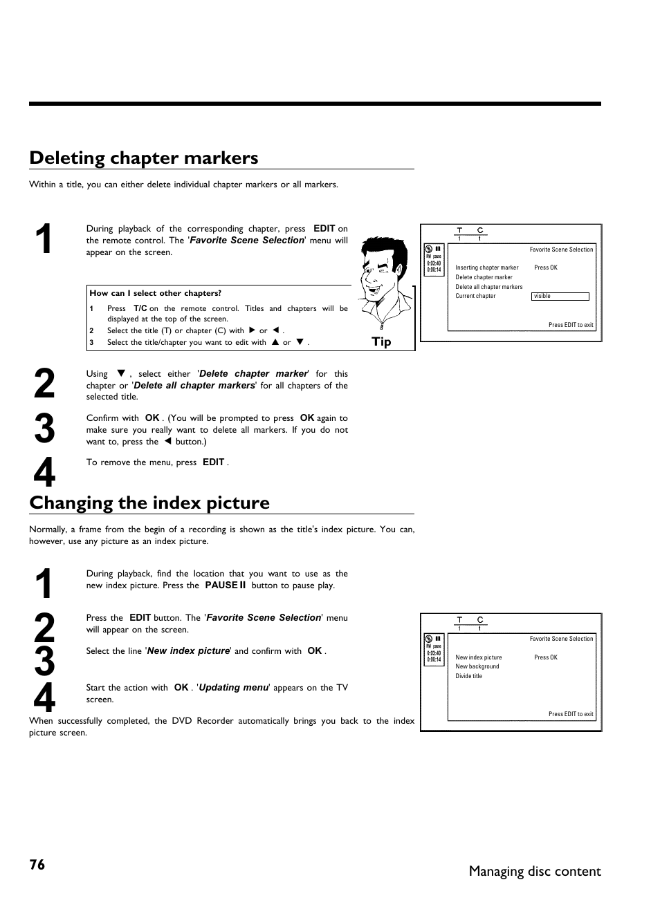 Deleting chapter markers, Changing the index picture | Philips DVDR3370H User Manual | Page 88 / 122