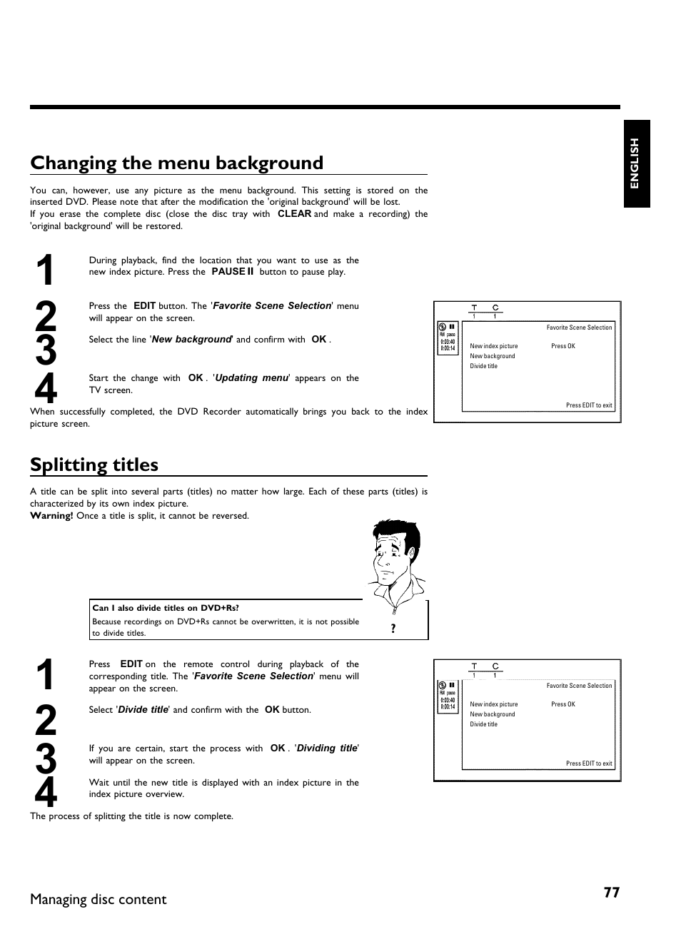 Changing the menu background, Splitting titles | Philips DVDR3370H User Manual | Page 89 / 122