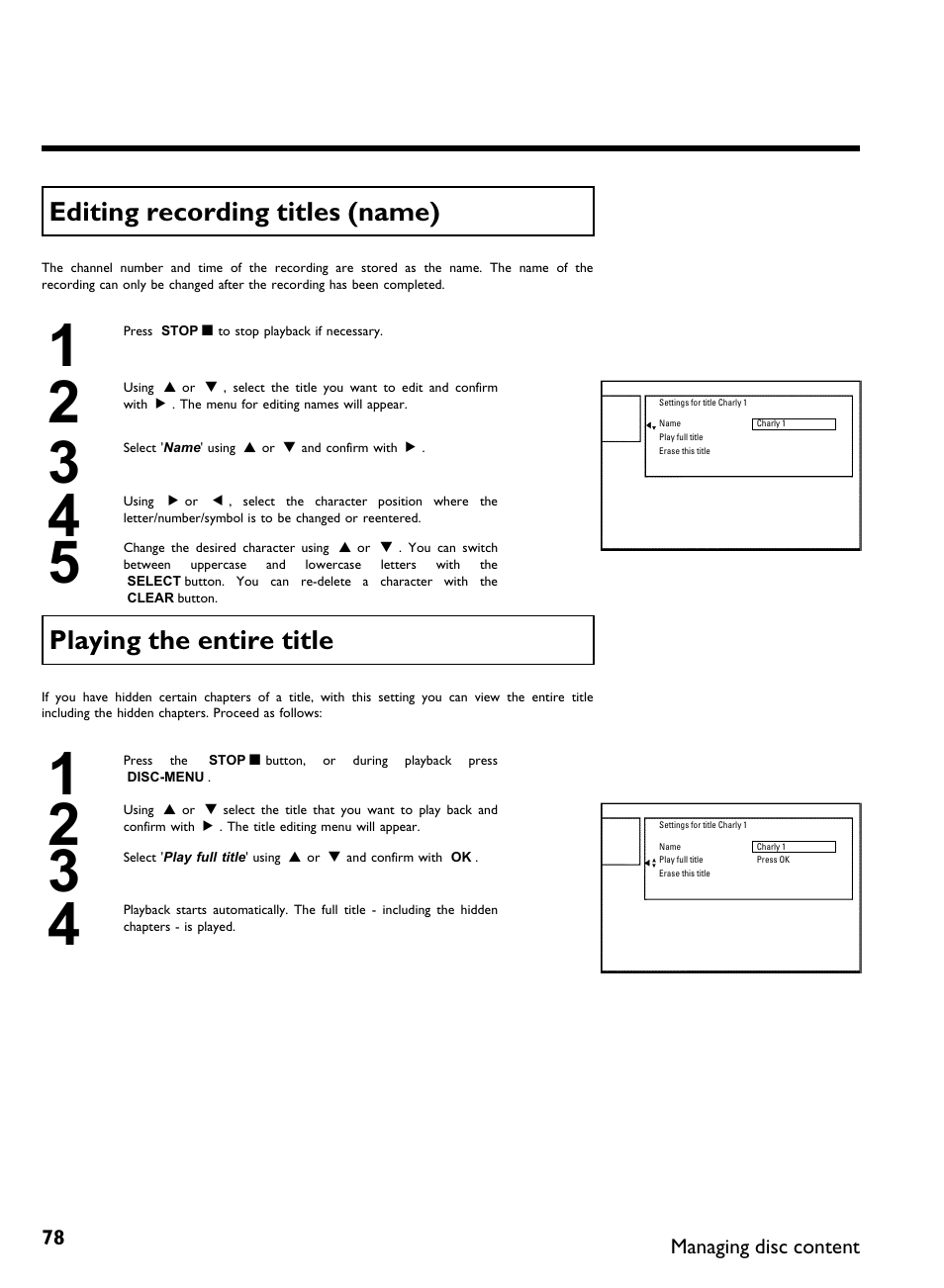 Editing recording titles (name), Playing the entire title | Philips DVDR3370H User Manual | Page 90 / 122