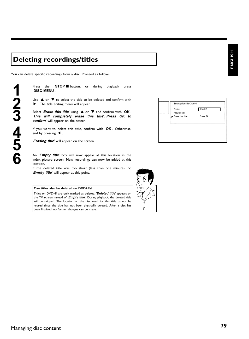 Deleting recordings/titles | Philips DVDR3370H User Manual | Page 91 / 122
