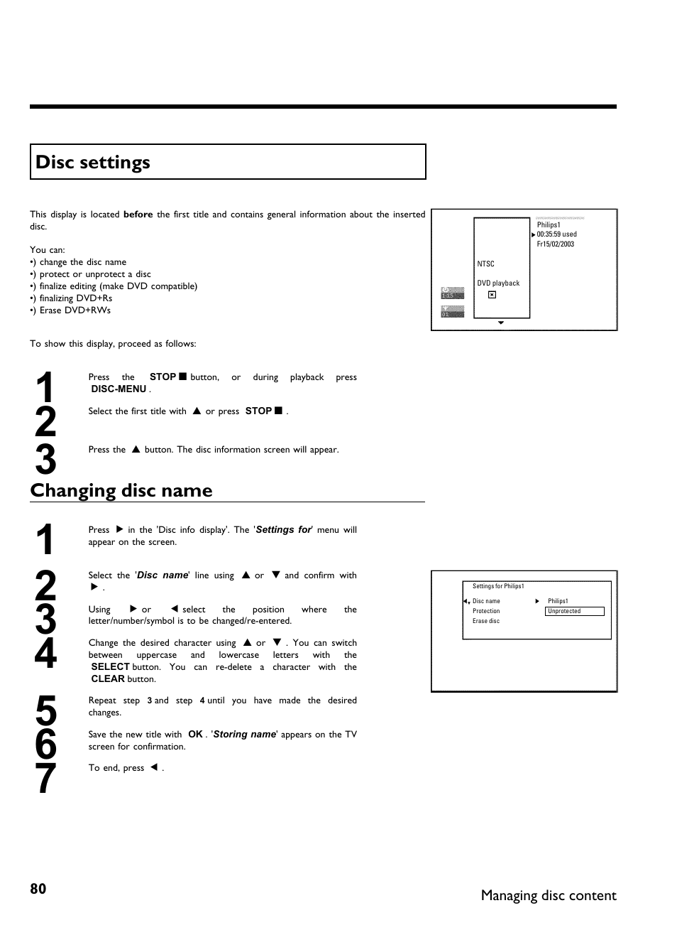 Disc settings, Changing disc name | Philips DVDR3370H User Manual | Page 92 / 122