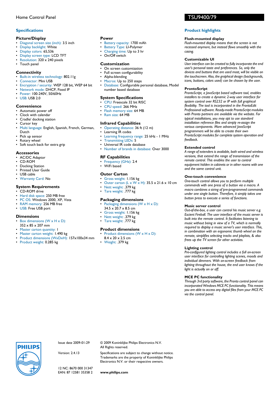Philips Pronto TSU9400 User Manual | Page 2 / 2