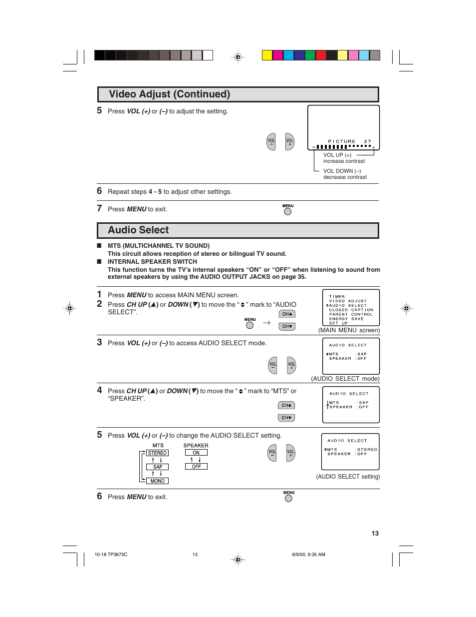 Audio select, Video adjust (continued) | Philips TP3675 User Manual | Page 13 / 48