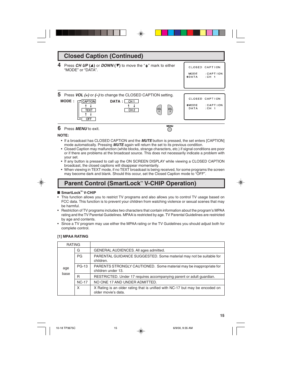 Closed caption (continued), Parent control (smartlock, V-chip operation) | Philips TP3675 User Manual | Page 15 / 48