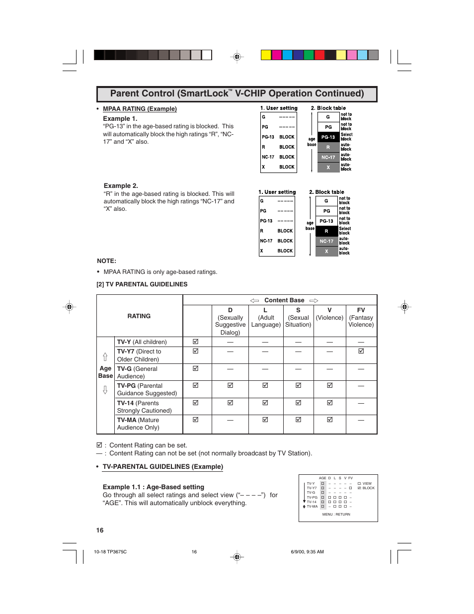 Parent control (smartlock, V-chip operation continued) | Philips TP3675 User Manual | Page 16 / 48
