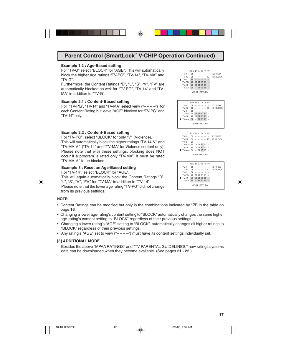 Parent control (smartlock, V-chip operation continued) | Philips TP3675 User Manual | Page 17 / 48