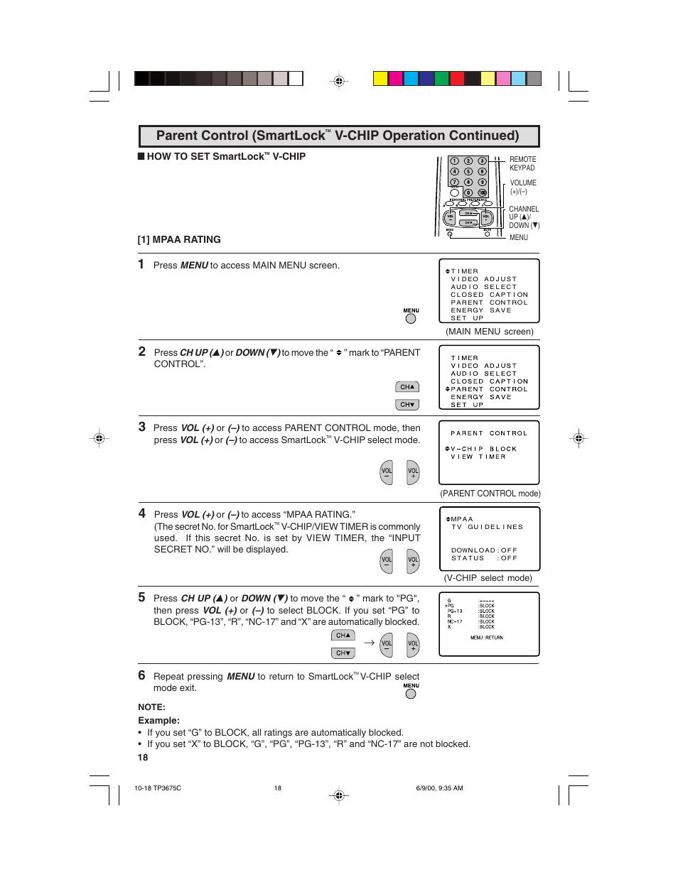 Parent control (smartlock, V-chip operation continued) | Philips TP3675 User Manual | Page 18 / 48