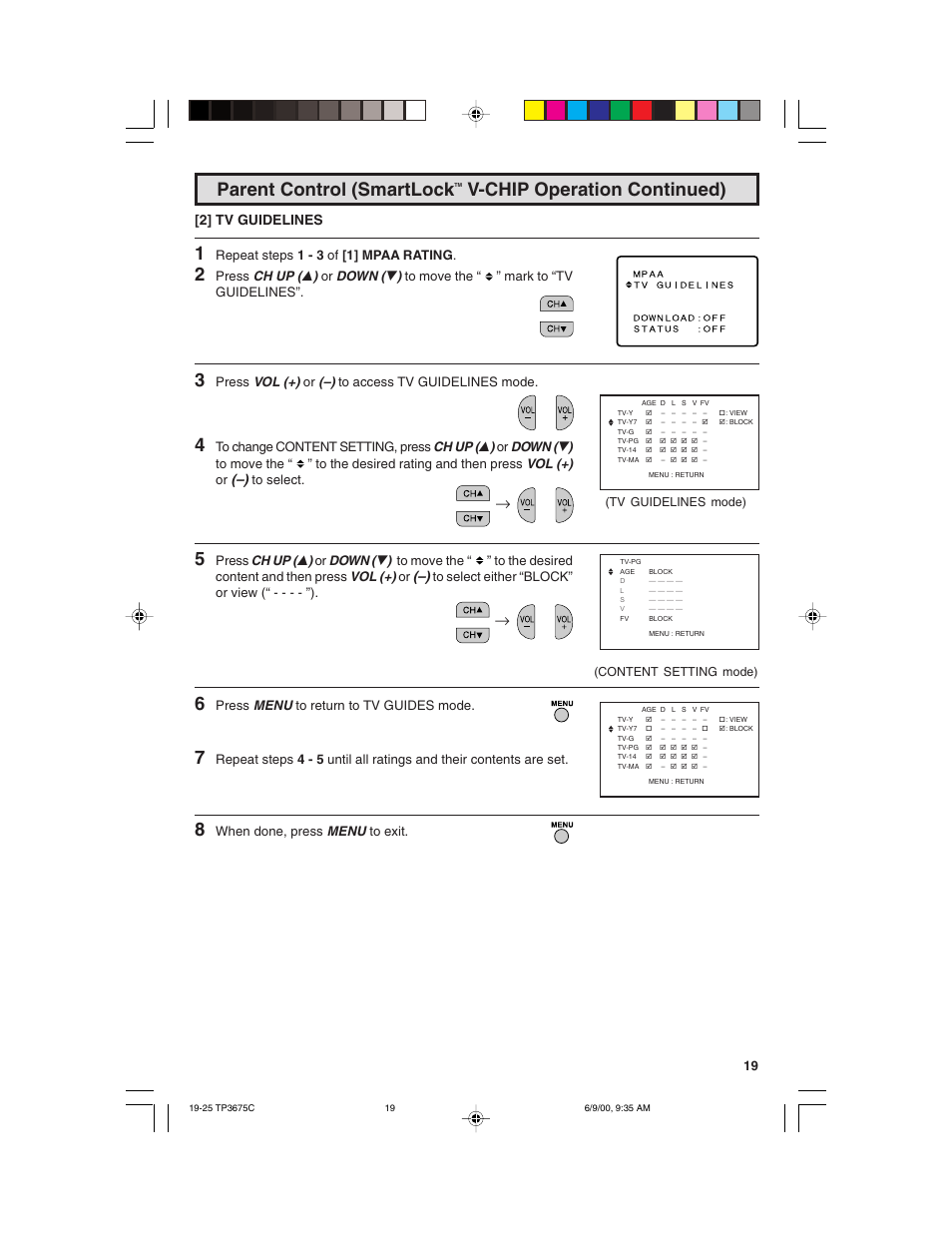 Parent control (smartlock, V-chip operation continued), 2] tv guidelines | Philips TP3675 User Manual | Page 19 / 48