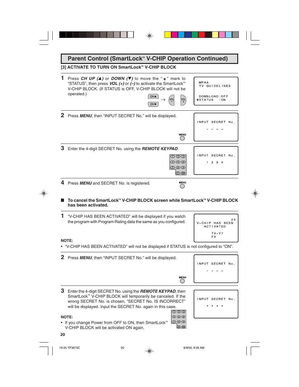 Parent control (smartlock, V-chip operation continued) | Philips TP3675 User Manual | Page 20 / 48