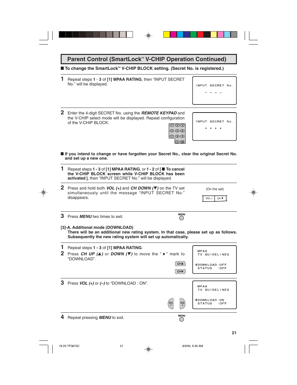 Parent control (smartlock, V-chip operation continued) | Philips TP3675 User Manual | Page 21 / 48