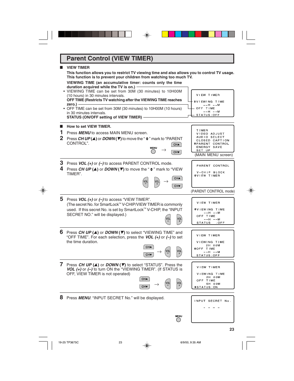 Parent control (view timer) | Philips TP3675 User Manual | Page 23 / 48