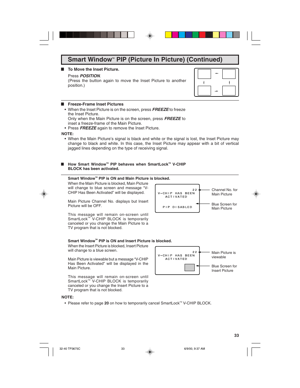 Smart window, Pip (picture in picture) (continued) | Philips TP3675 User Manual | Page 33 / 48