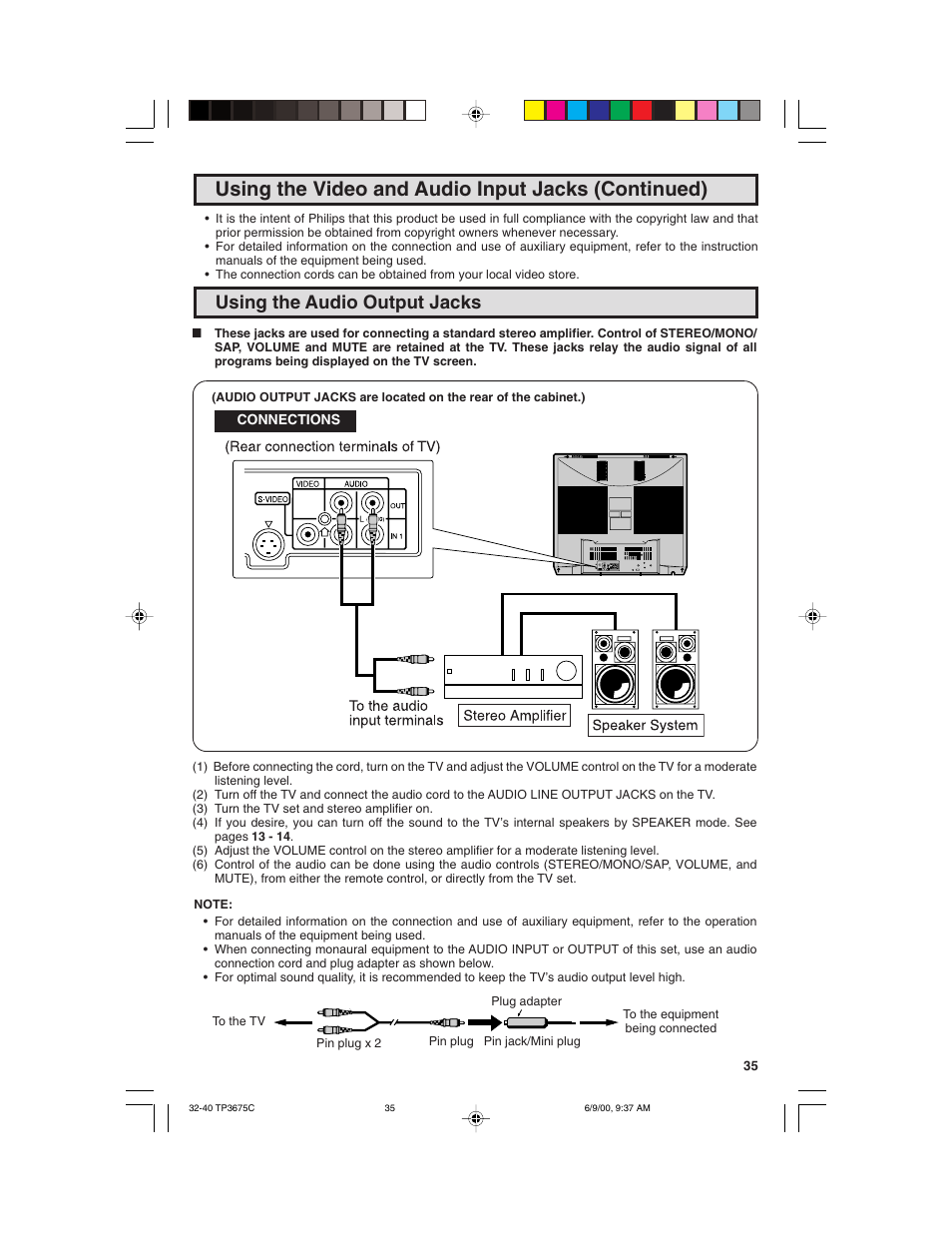 Using the video and audio input jacks (continued), Using the audio output jacks | Philips TP3675 User Manual | Page 35 / 48