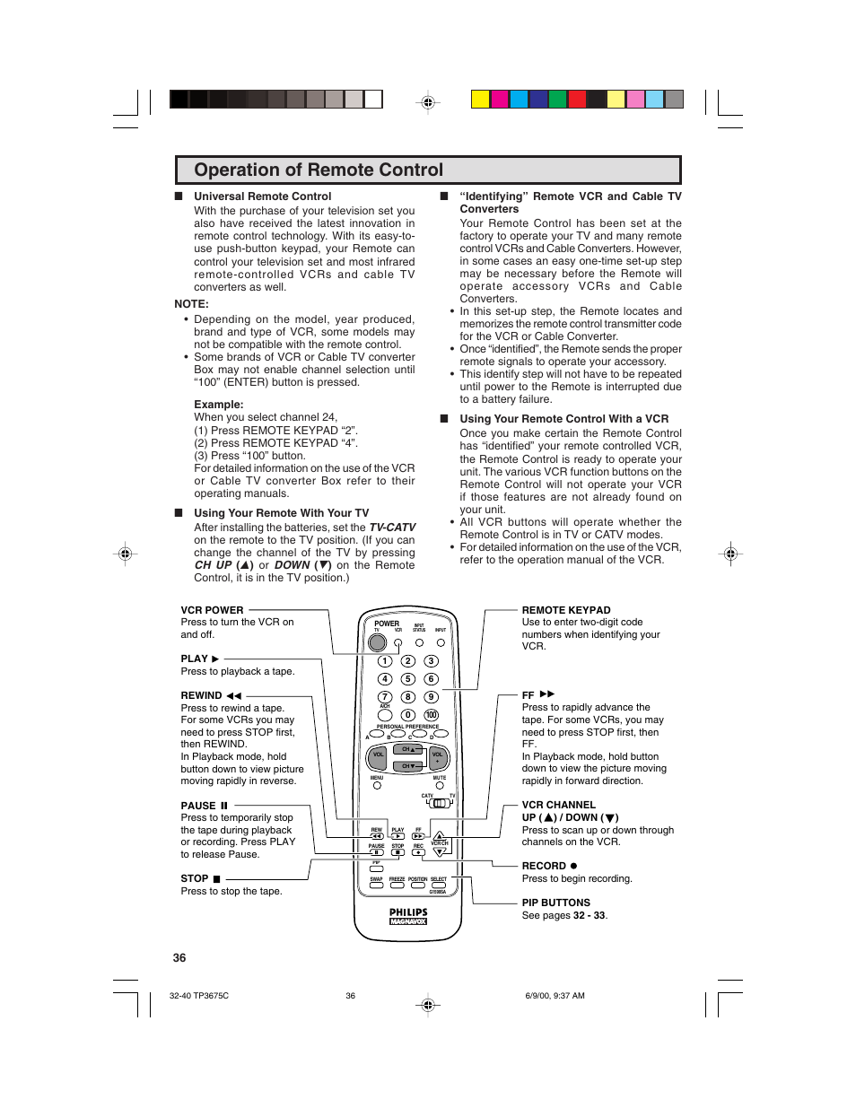 Operation of remote control | Philips TP3675 User Manual | Page 36 / 48