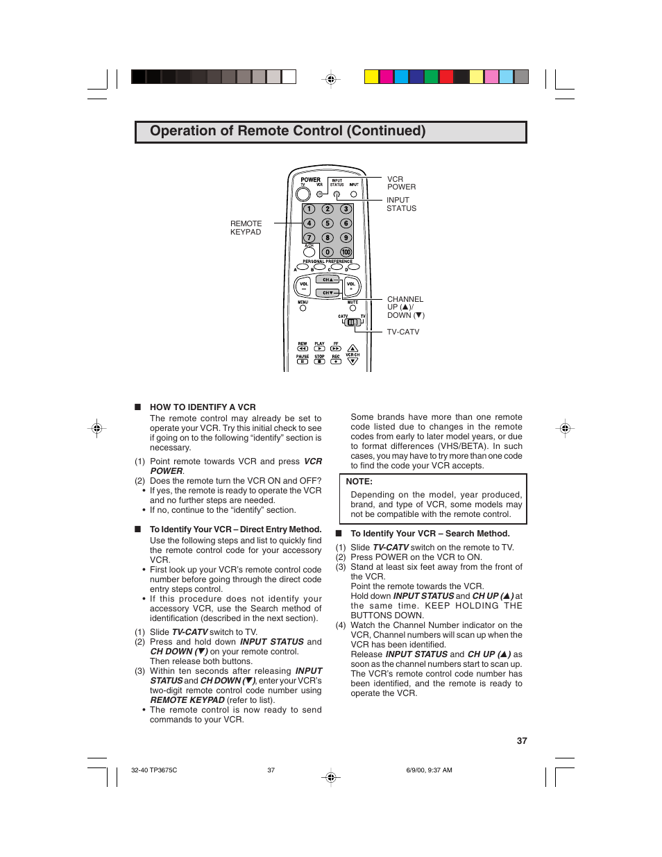 Operation of remote control (continued) | Philips TP3675 User Manual | Page 37 / 48