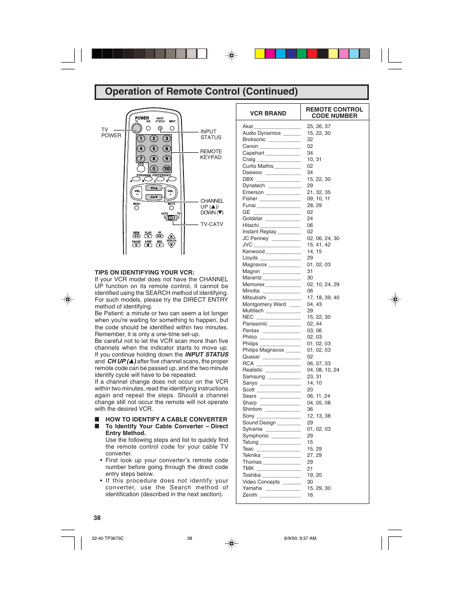 Operation of remote control (continued) | Philips TP3675 User Manual | Page 38 / 48