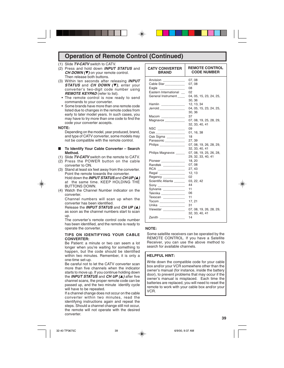 Operation of remote control (continued) | Philips TP3675 User Manual | Page 39 / 48