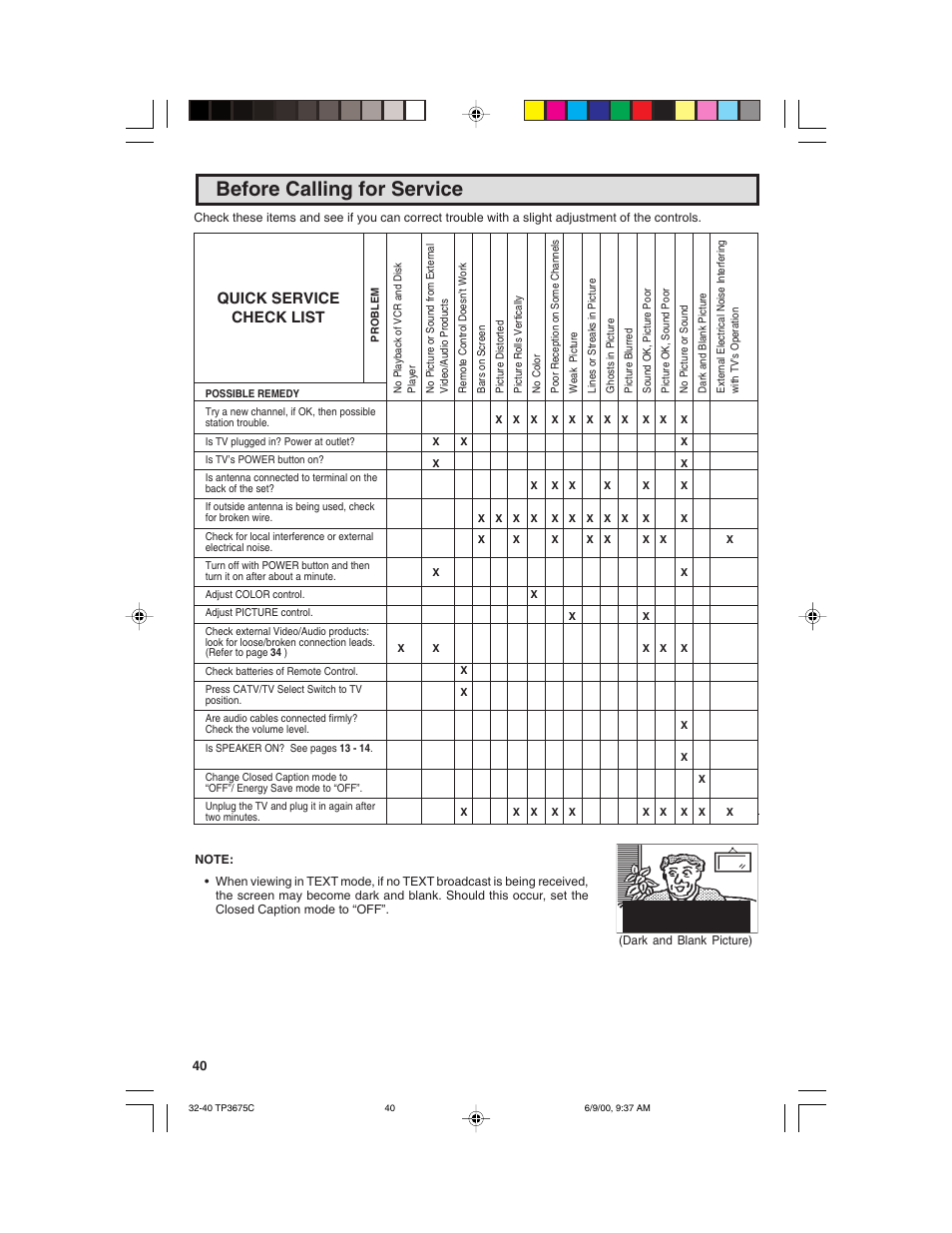 Before calling for service, Quick service check list | Philips TP3675 User Manual | Page 40 / 48