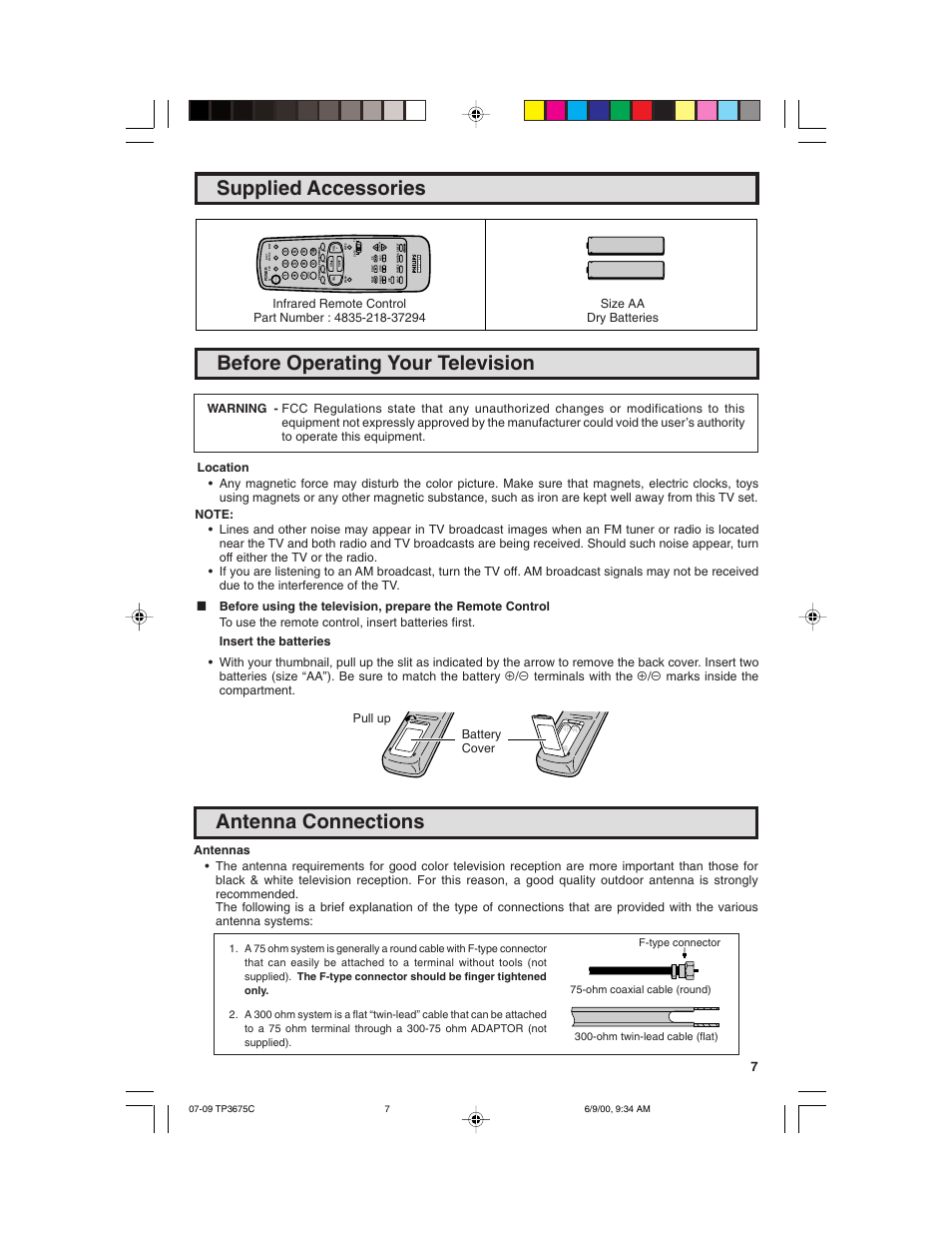 Supplied accessories, Before operating your television, Antenna connections | Philips TP3675 User Manual | Page 7 / 48