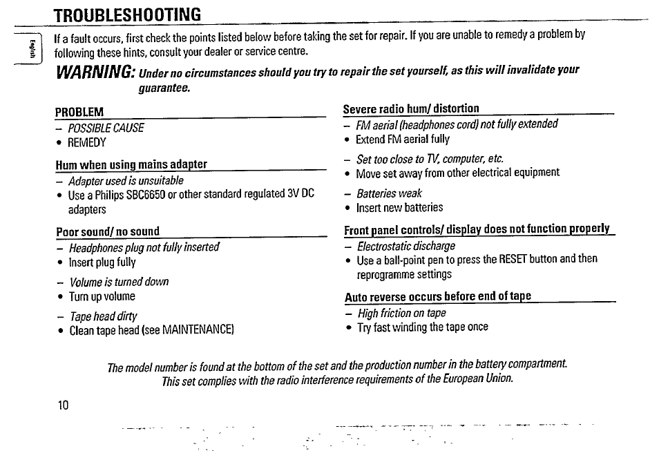 Troubleshooting, Warning | Philips AQ 6688/01 User Manual | Page 10 / 13