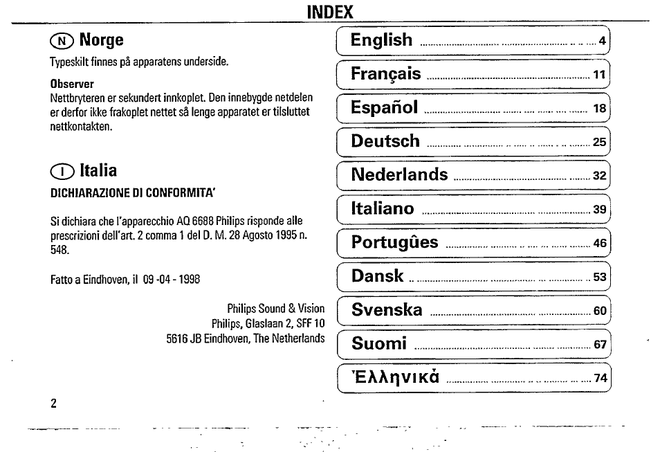Index, N) norge, Cd italia | English, Français, Espahol 18, Deutsch 25, Nederlands 32, Italiano - 39, Portugùes 46 | Philips AQ 6688/01 User Manual | Page 2 / 13