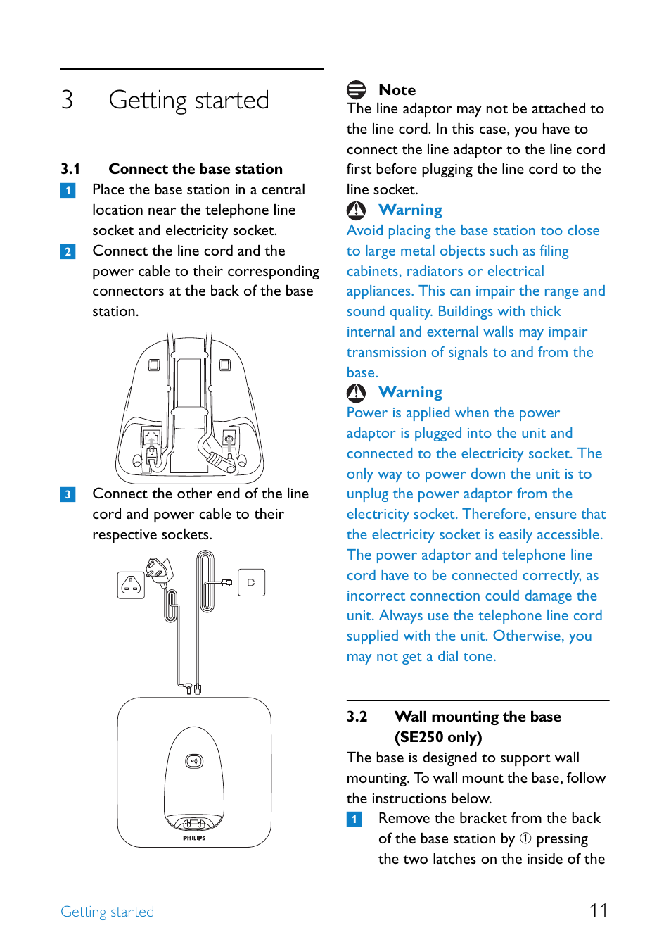 3 getting started, 1 connect the base station, 2 wall mounting the base (se250 only) | Getting started, Connect the base station, Wall mounting the base (se250 only), 3getting started | Philips UCZZ01927AB User Manual | Page 13 / 40