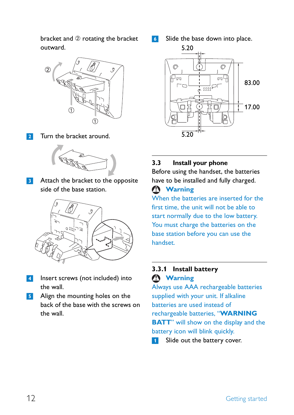 3 install your phone, Install your phone, Install battery | Philips UCZZ01927AB User Manual | Page 14 / 40