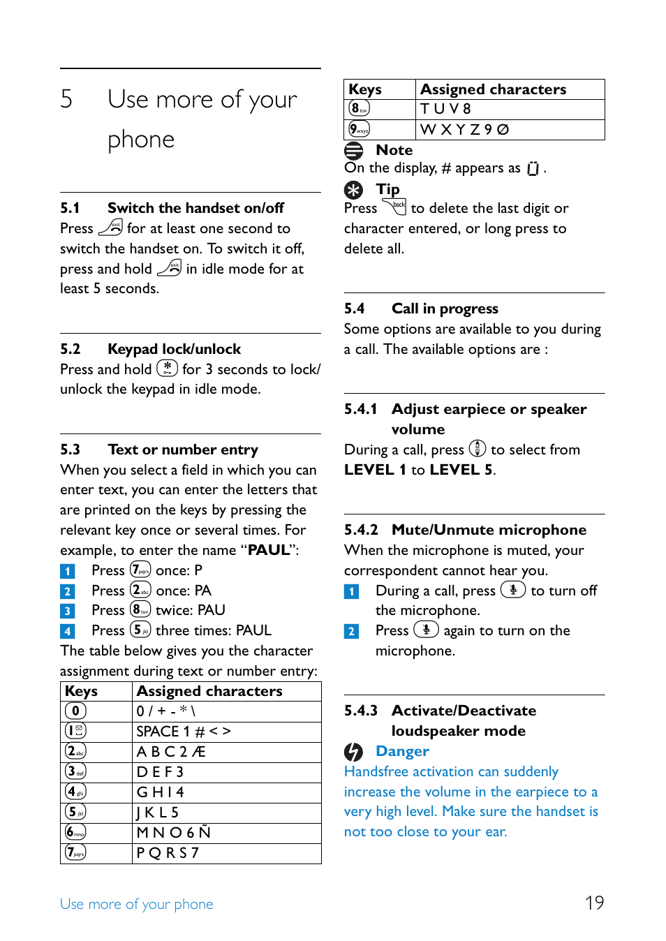 5 use more of your phone, 1 switch the handset on/off, 2 keypad lock/unlock | 3 text or number entry, 4 call in progress, Use more of your phone, Switch the handset on/off 19, Keypad lock/unlock, Text or number entry, Call in progress | Philips UCZZ01927AB User Manual | Page 21 / 40