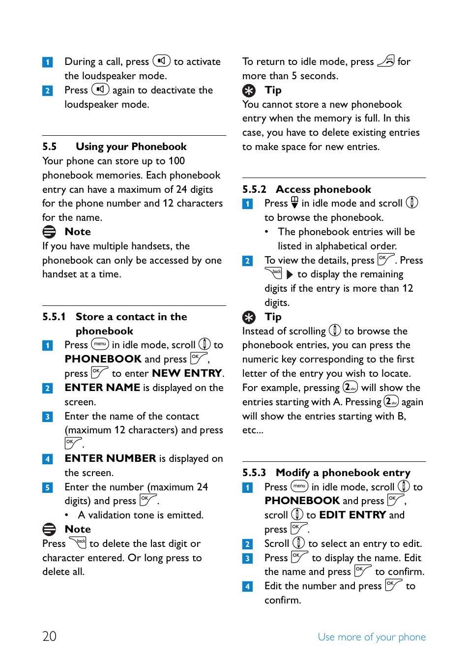 5 using your phonebook, Using your phonebook, Store a contact in the phonebook | Access phonebook, Modify a phonebook entry | Philips UCZZ01927AB User Manual | Page 22 / 40