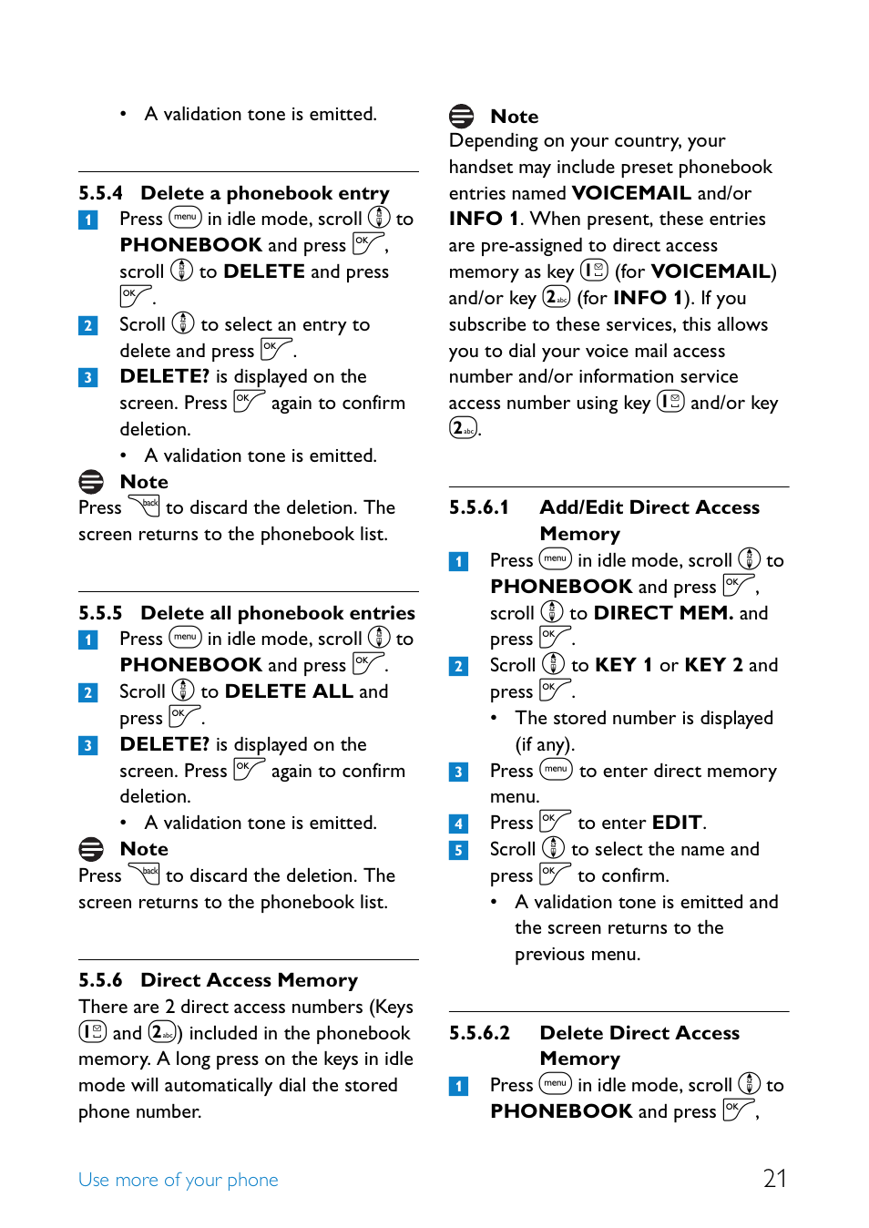 Delete a phonebook entry, Delete all phonebook entries, Direct access memory | Philips UCZZ01927AB User Manual | Page 23 / 40