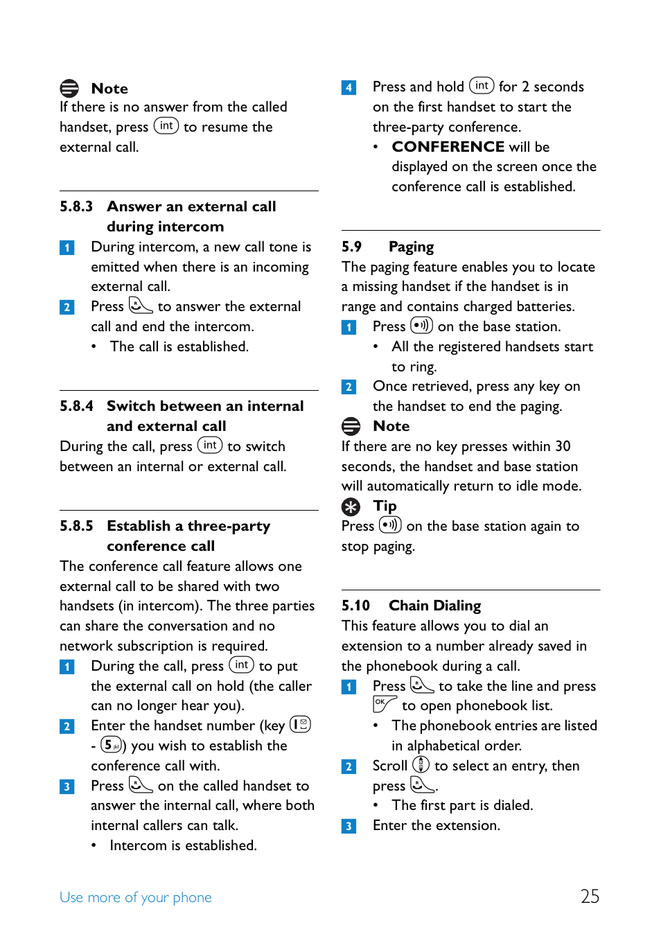 9 paging, 10 chain dialing, Answer an external call during intercom | Switch between an internal and external call, Establish a three-party conference call, Paging, Chain dialing | Philips UCZZ01927AB User Manual | Page 27 / 40