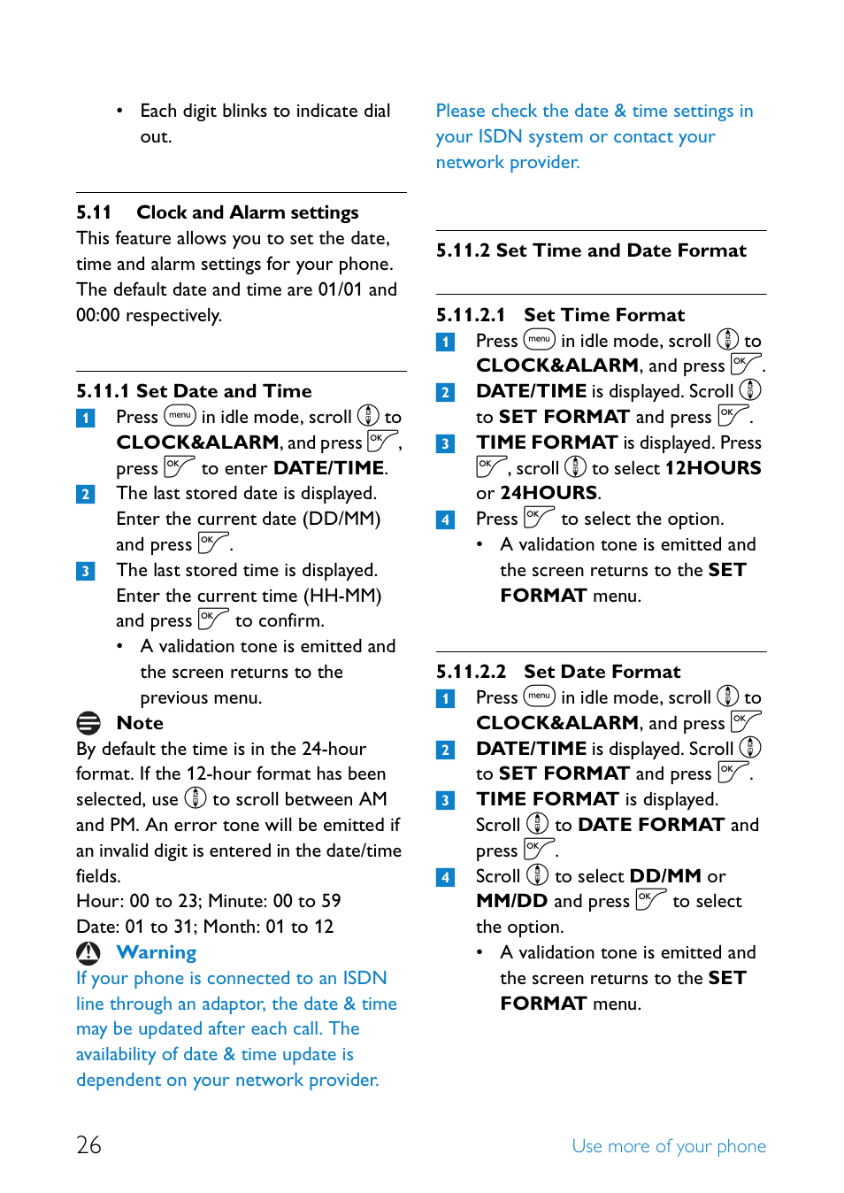 11 clock and alarm settings, Clock and alarm settings, Set date and time | Set time and date format 26 | Philips UCZZ01927AB User Manual | Page 28 / 40