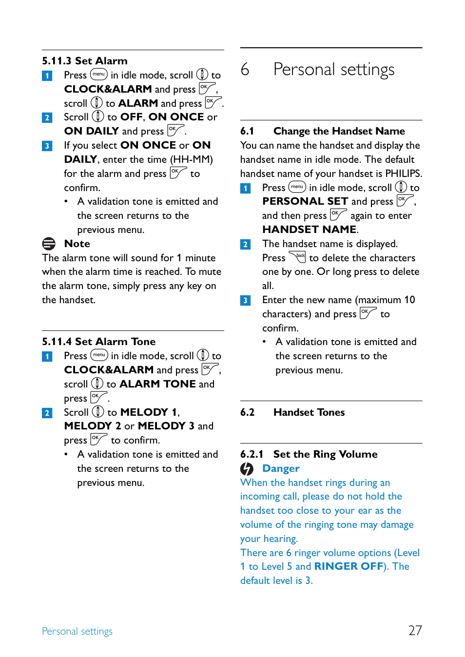 6 personal settings, 1 change the handset name, 2 handset tones | Set alarm, Set alarm tone, Personal settings, Change the handset name 27, Handset tones, Set the ring volume, 6personal settings | Philips UCZZ01927AB User Manual | Page 29 / 40