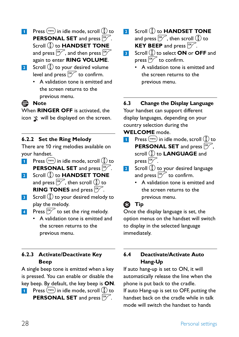 3 change the display language, 4 deactivate/activate auto hang-up, Set the ring melody | Activate/deactivate key beep, Change the display language, Deactivate/activate auto hang-up | Philips UCZZ01927AB User Manual | Page 30 / 40