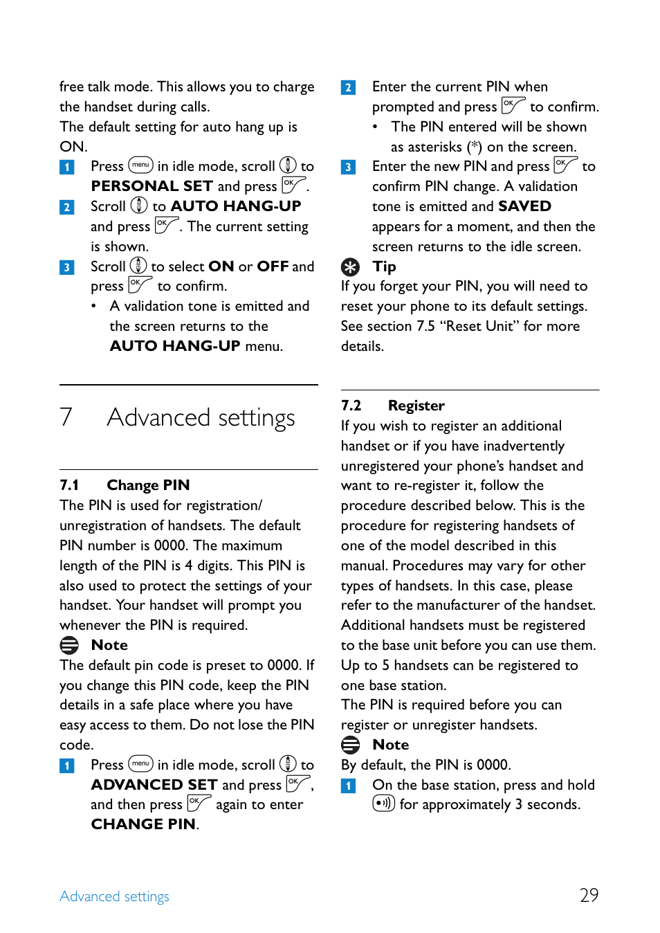7 advanced settings, 1 change pin, 2 register | Advanced settings, Change pin, Register, 7advanced settings | Philips UCZZ01927AB User Manual | Page 31 / 40