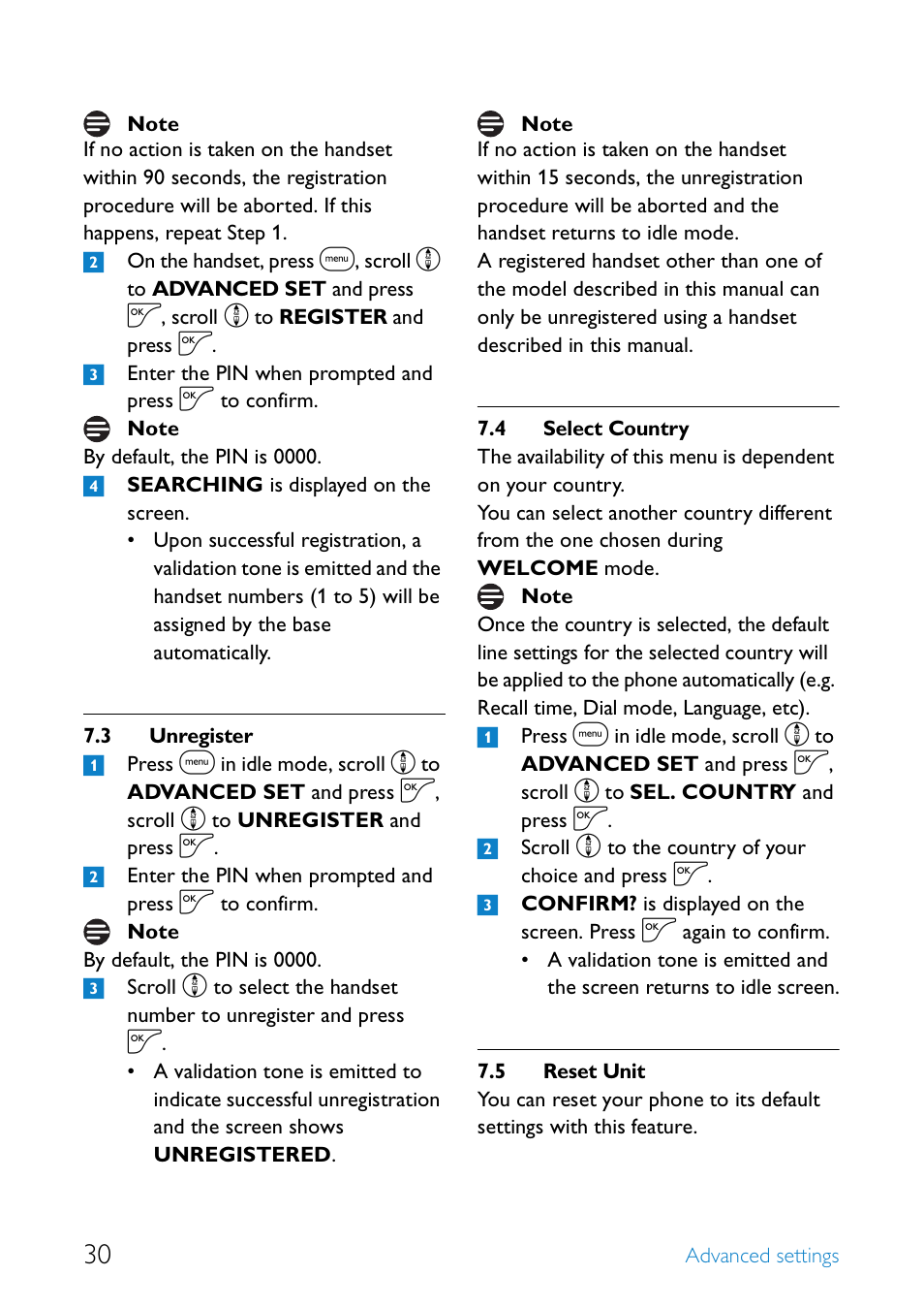 3 unregister, 4 select country, 5 reset unit | Unregister, Select country, Reset unit | Philips UCZZ01927AB User Manual | Page 32 / 40