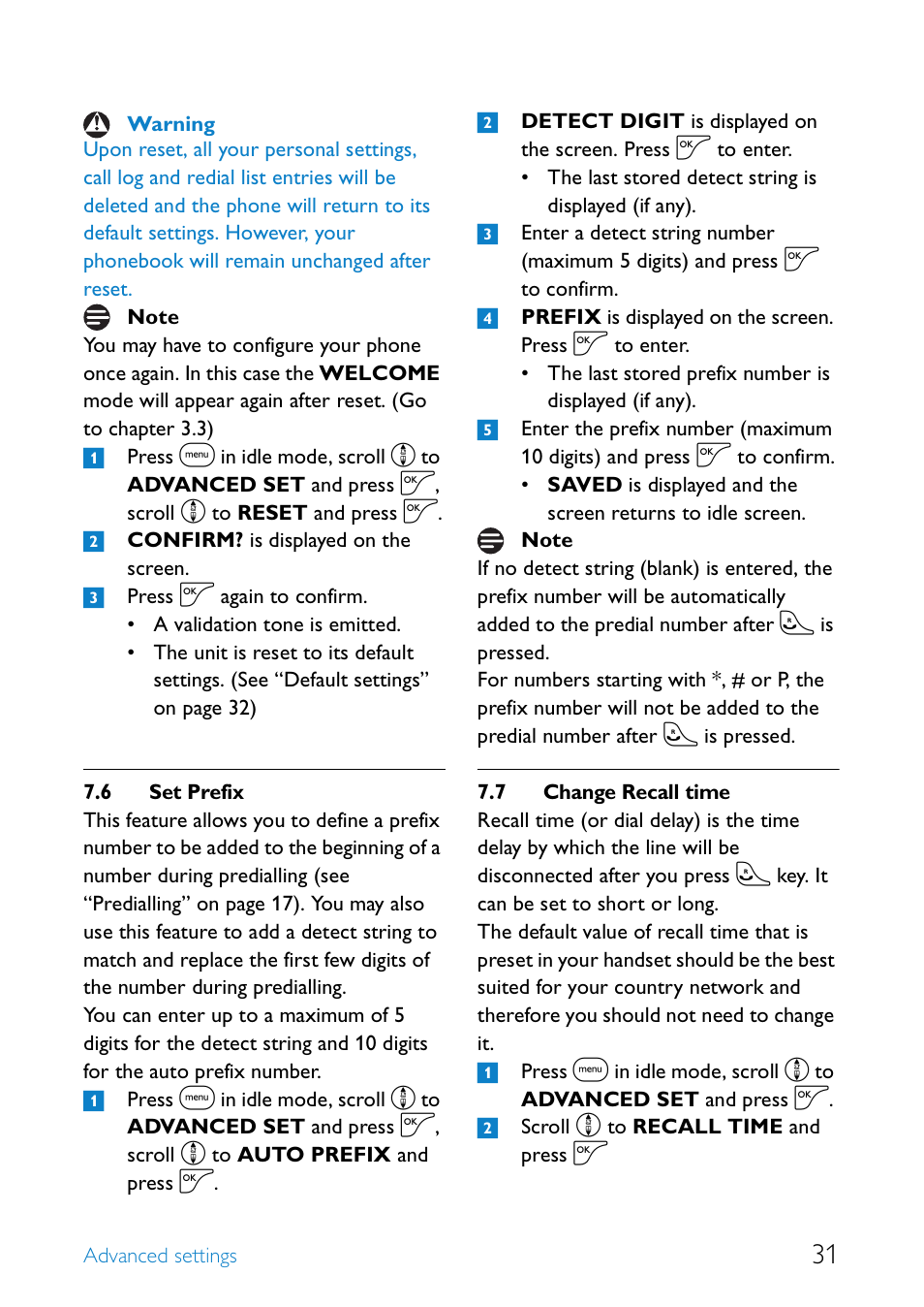 6 set prefix, 7 change recall time, Set prefix | Change recall time | Philips UCZZ01927AB User Manual | Page 33 / 40