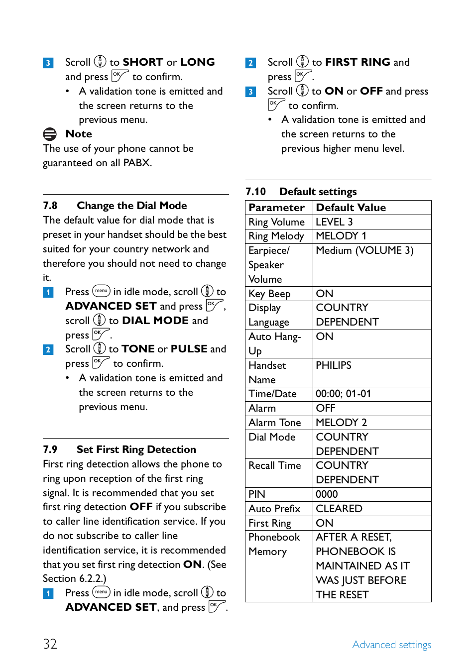 8 change the dial mode, 9 set first ring detection, 10 default settings | Change the dial mode, Set first ring detection, Default settings | Philips UCZZ01927AB User Manual | Page 34 / 40