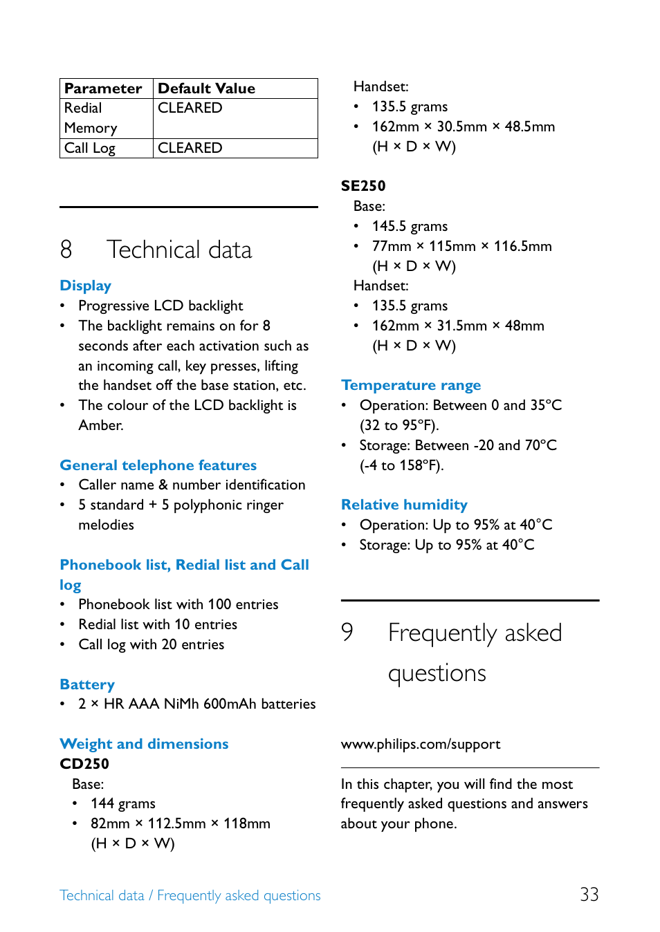 8 technical data, 9 frequently asked questions, Technical data | Frequently asked questions, 8technical data, 9frequently asked questions | Philips UCZZ01927AB User Manual | Page 35 / 40