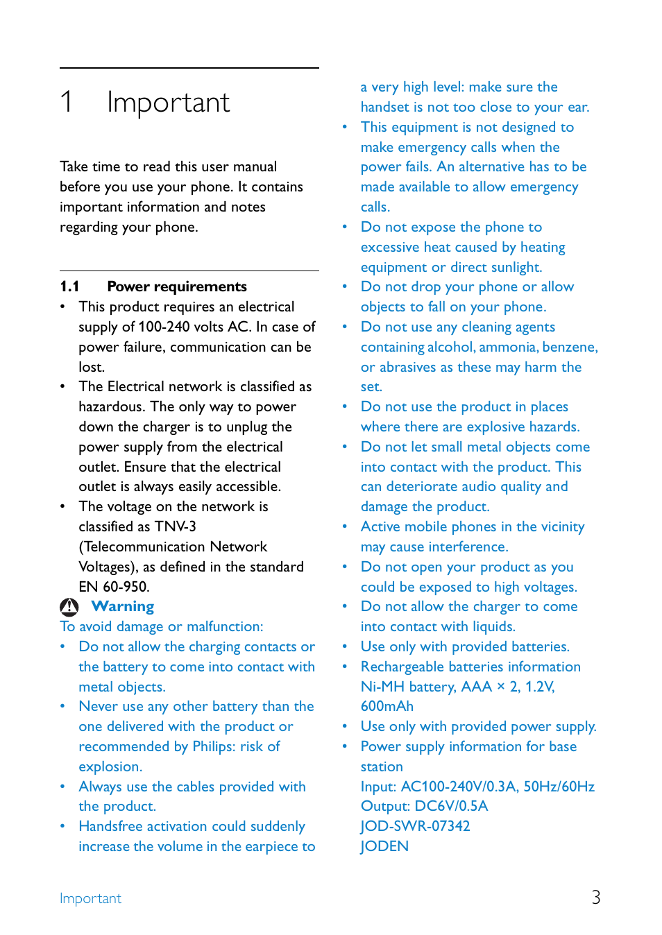 1 important, 1 power requirements, Important | Power requirements, 1important | Philips UCZZ01927AB User Manual | Page 5 / 40