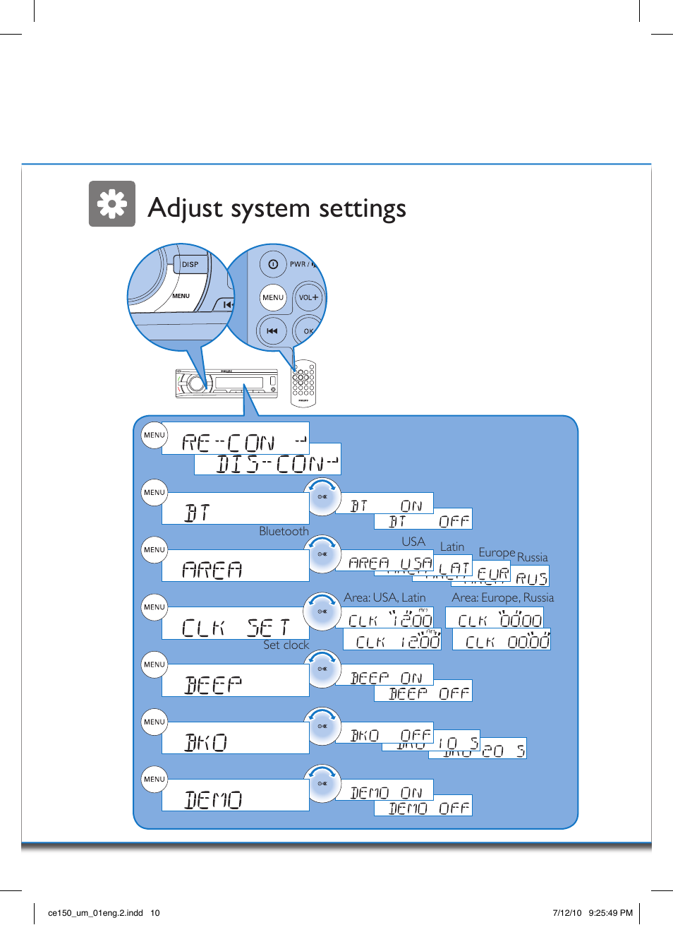 Adjust system settings | Philips CE150 User Manual | Page 10 / 24