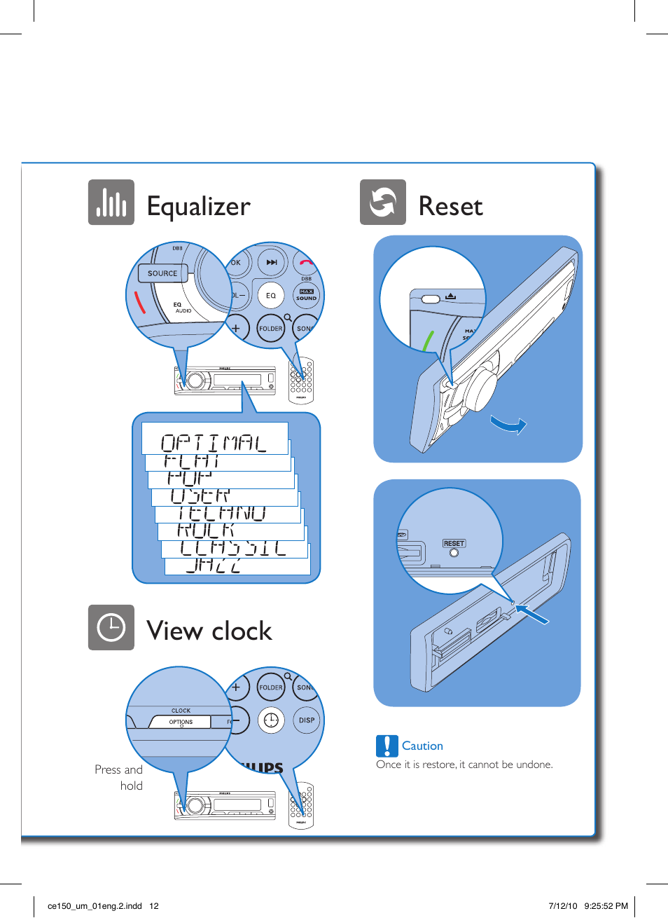 View clock equalizer reset | Philips CE150 User Manual | Page 12 / 24