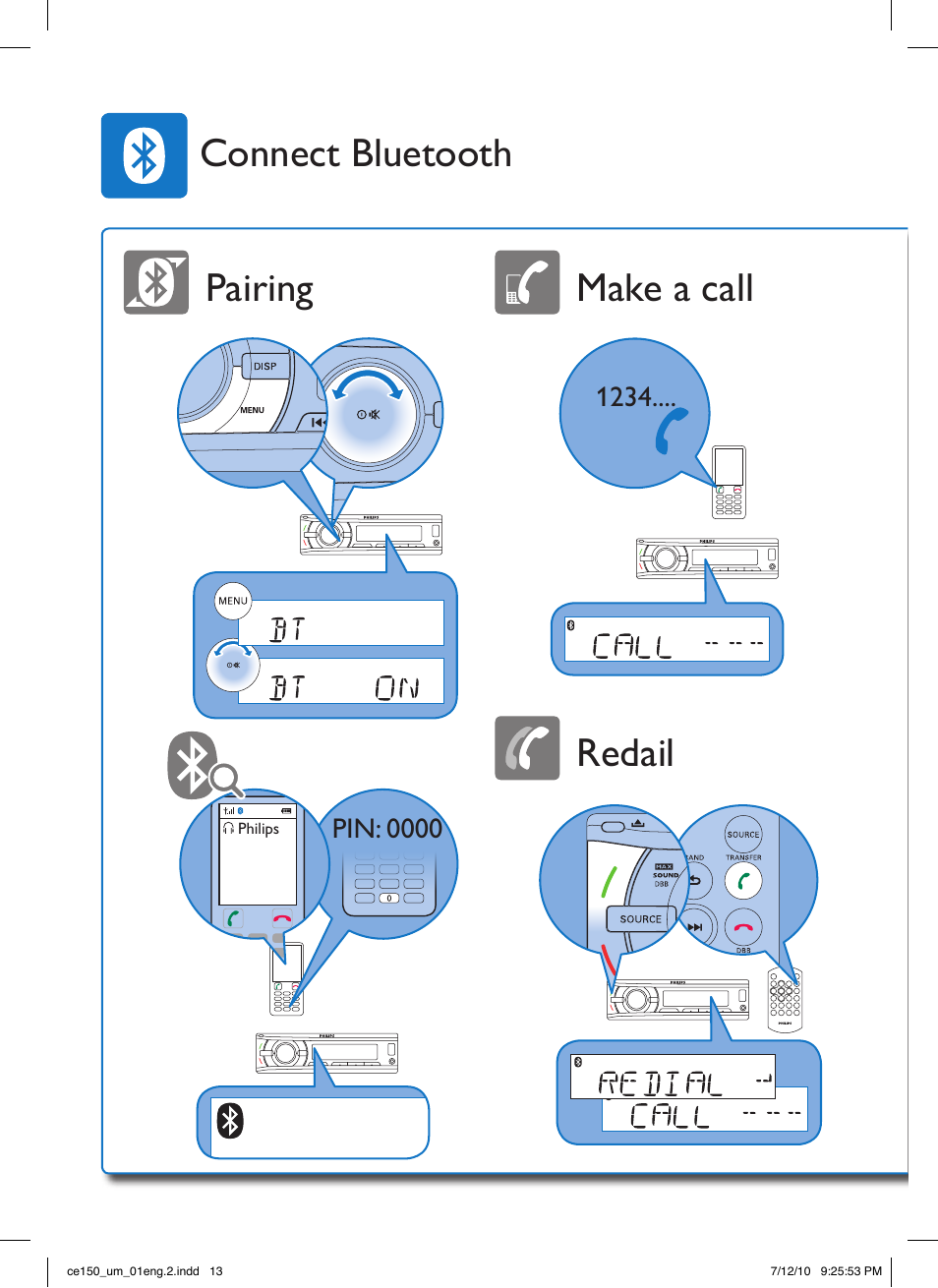 Pairing make a call redail connect bluetooth | Philips CE150 User Manual | Page 13 / 24