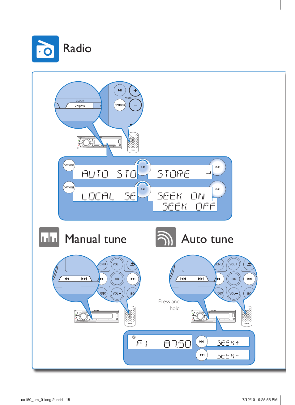 Manual tune auto tune, Radio | Philips CE150 User Manual | Page 15 / 24