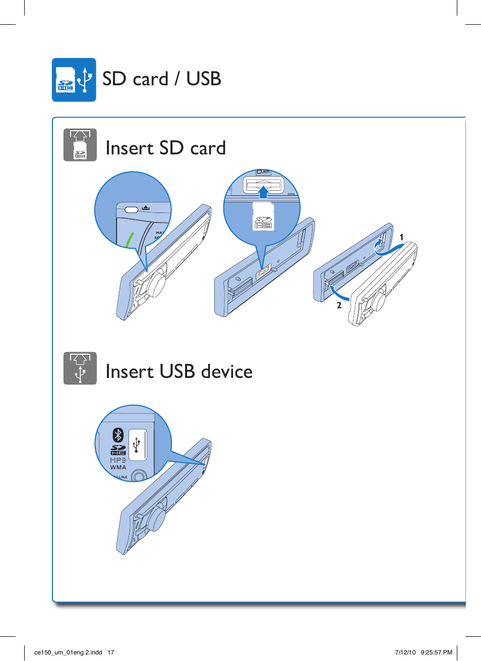 Insert sd card insert usb device, Sd card / usb | Philips CE150 User Manual | Page 17 / 24