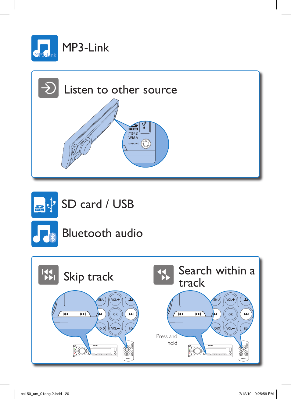 Mp3-link bluetooth audio sd card / usb | Philips CE150 User Manual | Page 20 / 24