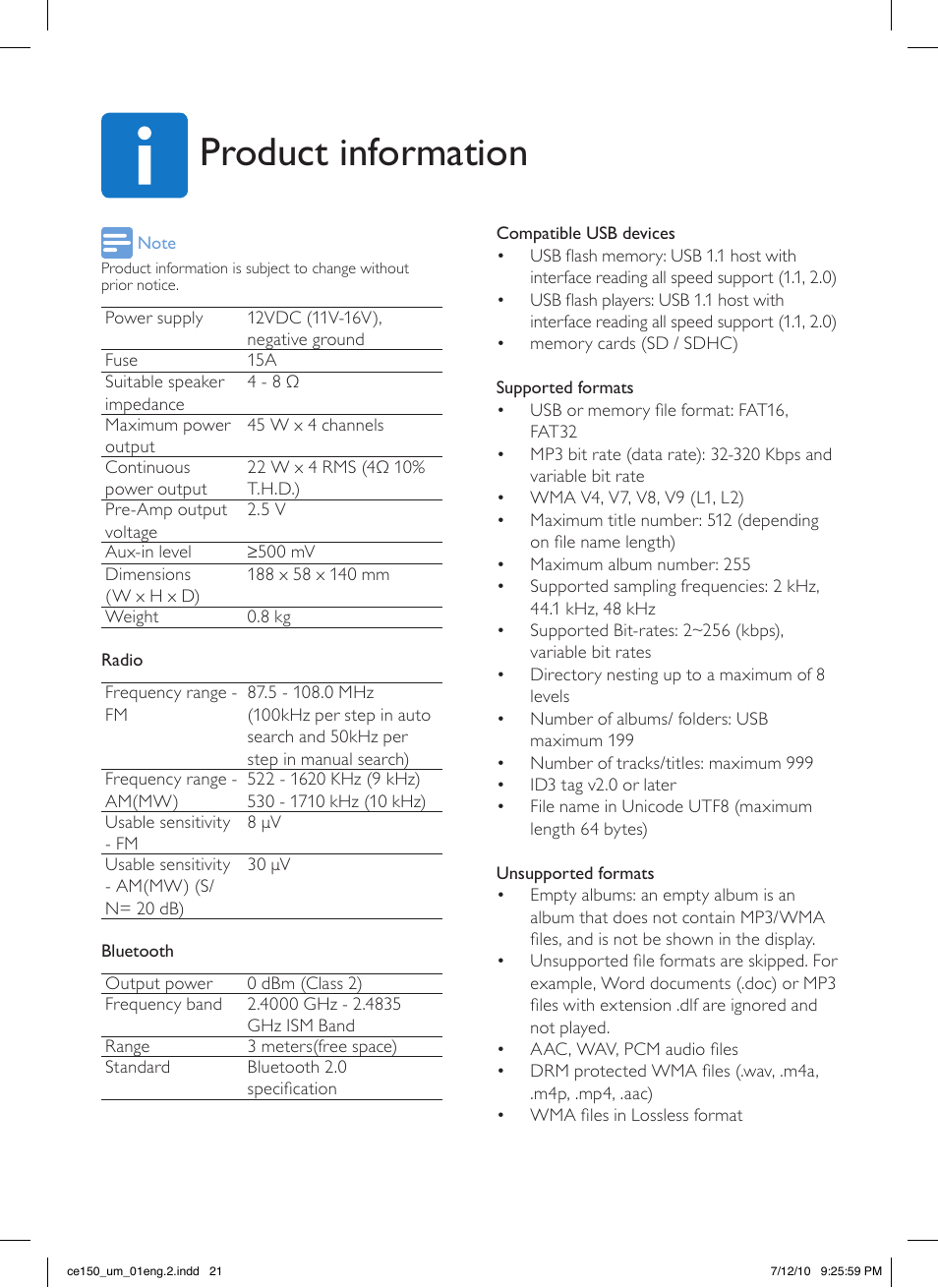 Product information | Philips CE150 User Manual | Page 21 / 24