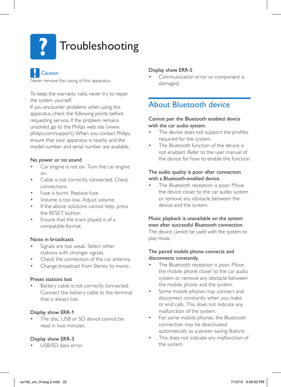 Troubleshooting, About bluetooth device | Philips CE150 User Manual | Page 22 / 24