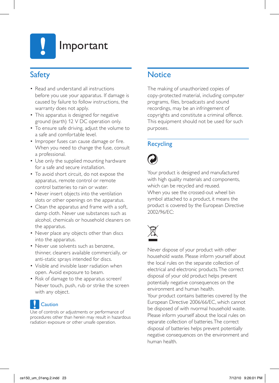 Important, Safety, Notice | Recycling | Philips CE150 User Manual | Page 23 / 24